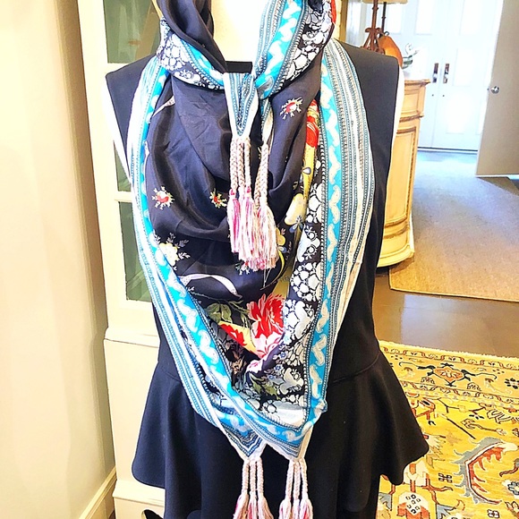 Johnny Was Black Floral 42” Square Tasseled Rayon Scarf EUC, Navy, With Box - Picture 2 of 9